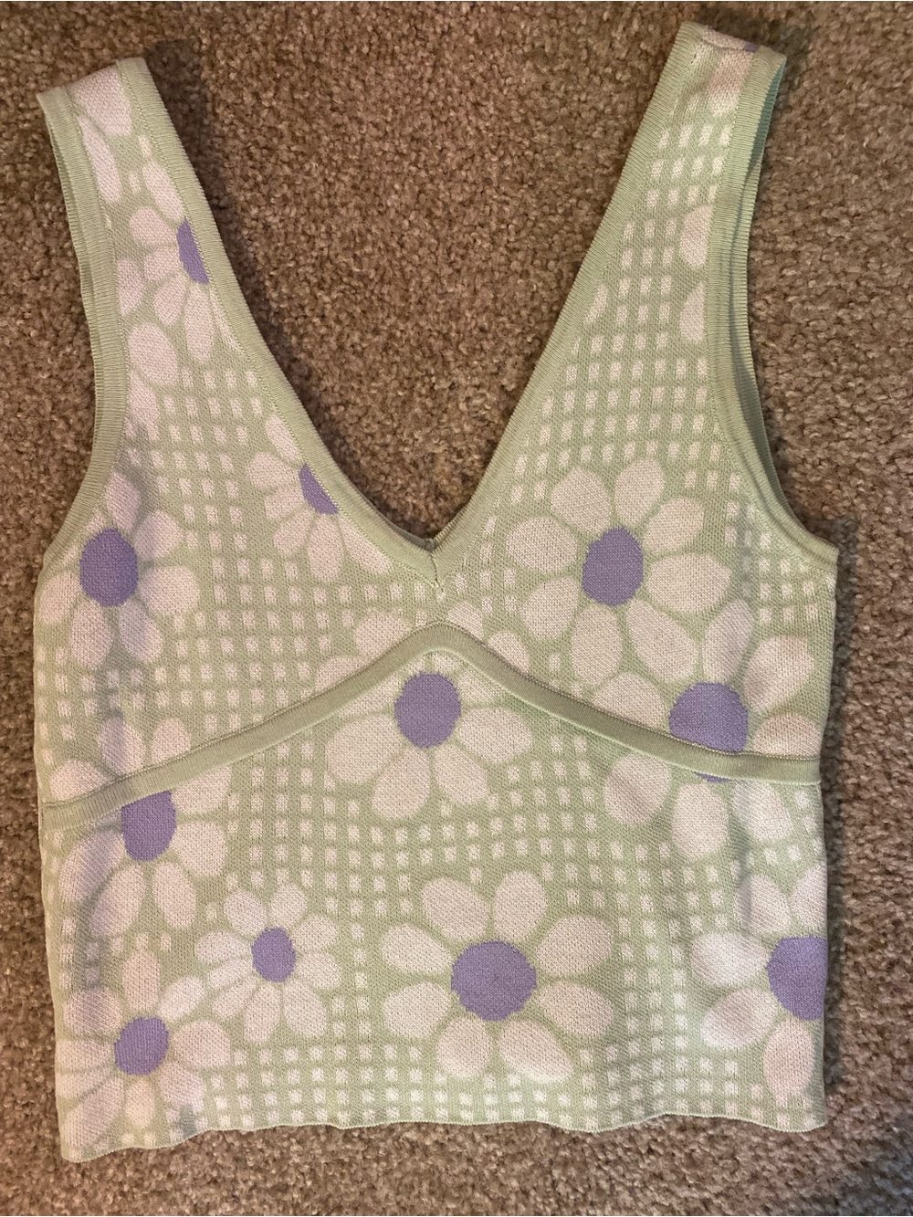 Green Floral Knit Tank Top with Lavender Accents
